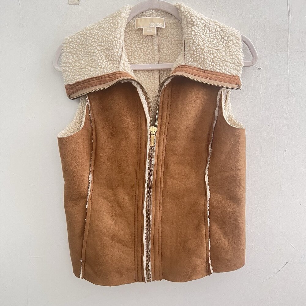 Michael Kors Faux Suede Sherpa Vest Camel Brown Petite Small P/S bohemian